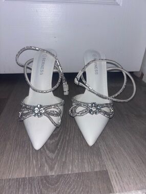White Pointed Toe Crystal-Embellished Heels
